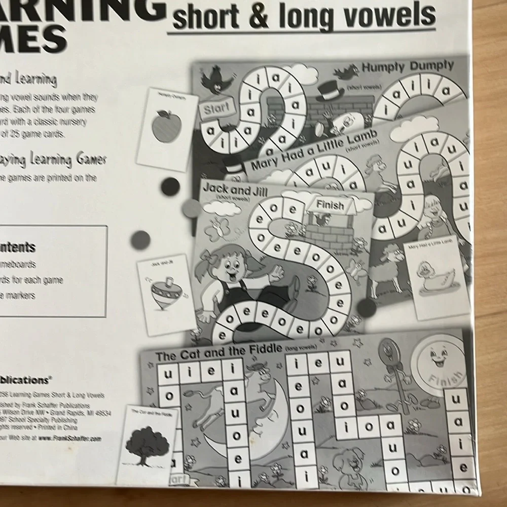 FRANK SCHAFFER AGES 5+ SHORT AND LONG VOWELS 4-GAME BOARDS LEARNING GAMES